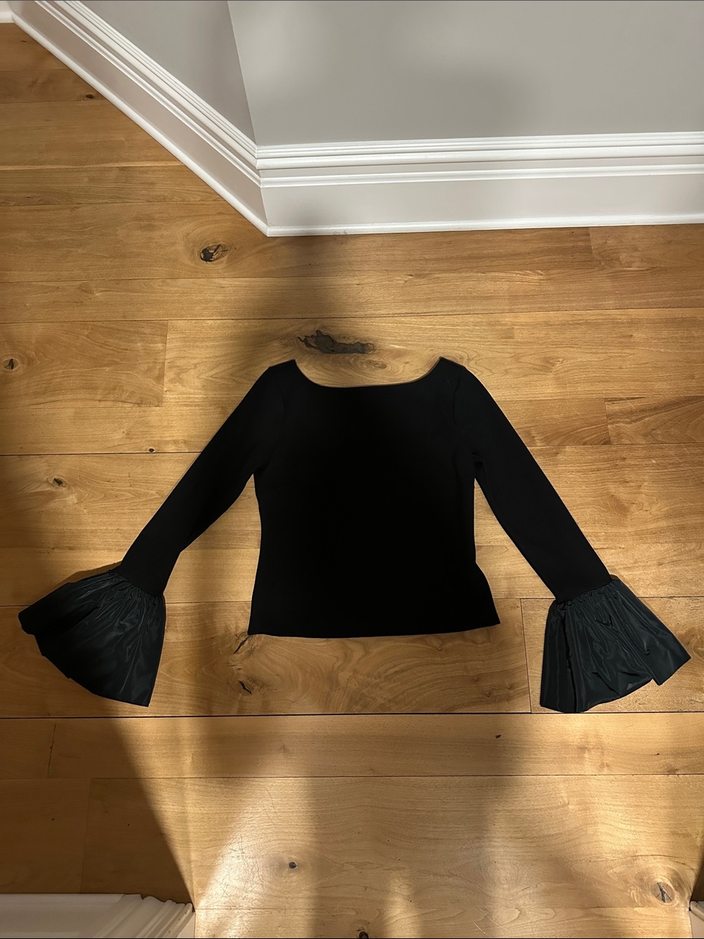 STAUD Black Long-Sleeve Top with Pleated Bell Cuffs
